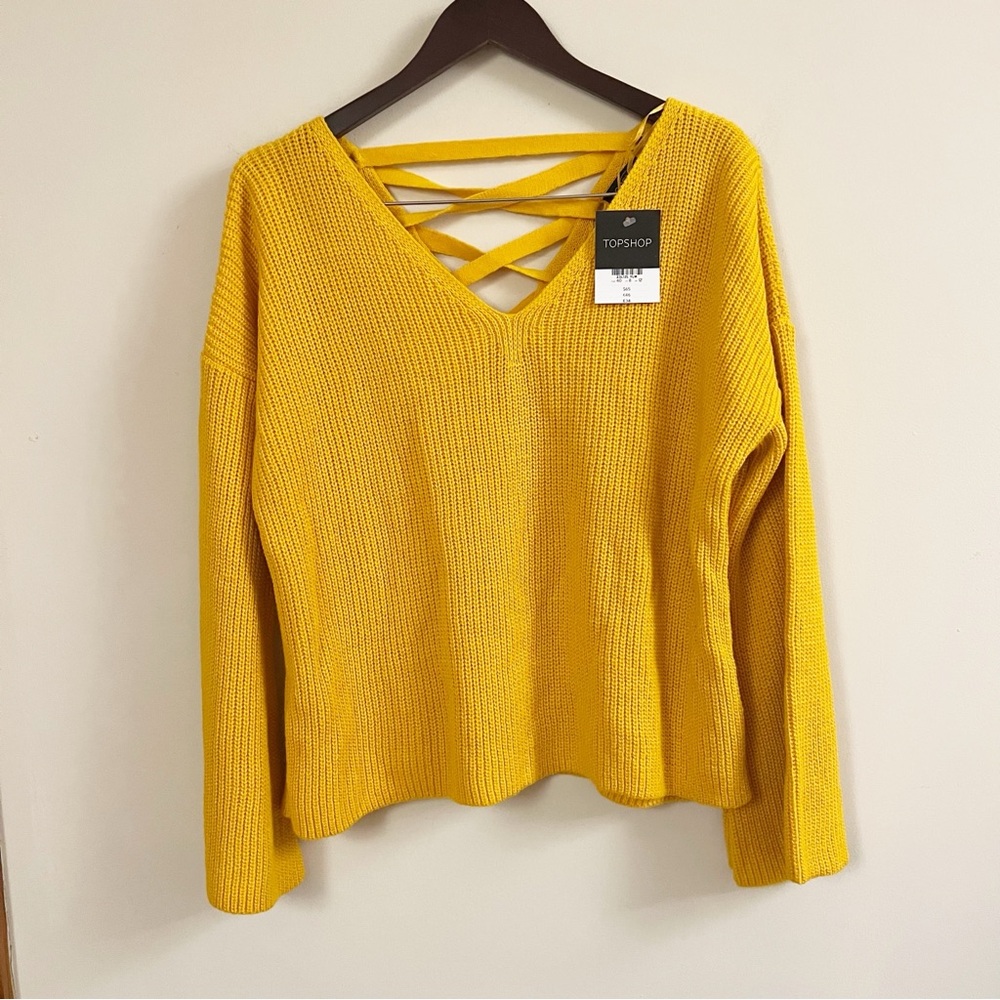 Topshop Yellow Flared Sleeve Lace Up Back Sweater V-neck NEW Size 8